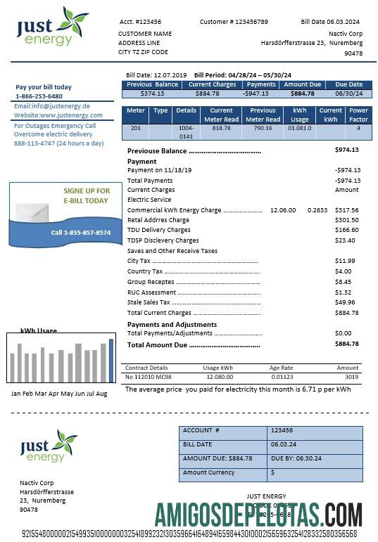 Em branco modelo de fatura de serviços públicos de energia Just Energy da Alemanha em formatos Word e PDF